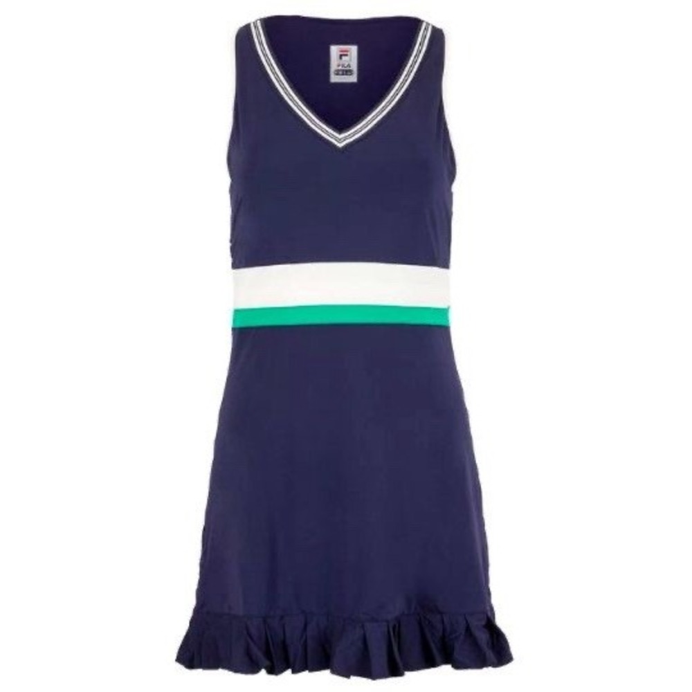 FILA Heritage Ruffle Tennis Dress Navy Green Ivory XL Built in Bra V Neck UPF 50